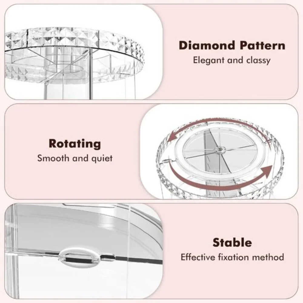 New 360° Rotating Makeup Organizer, Adjustable Clear Cosmetic Storage for Room